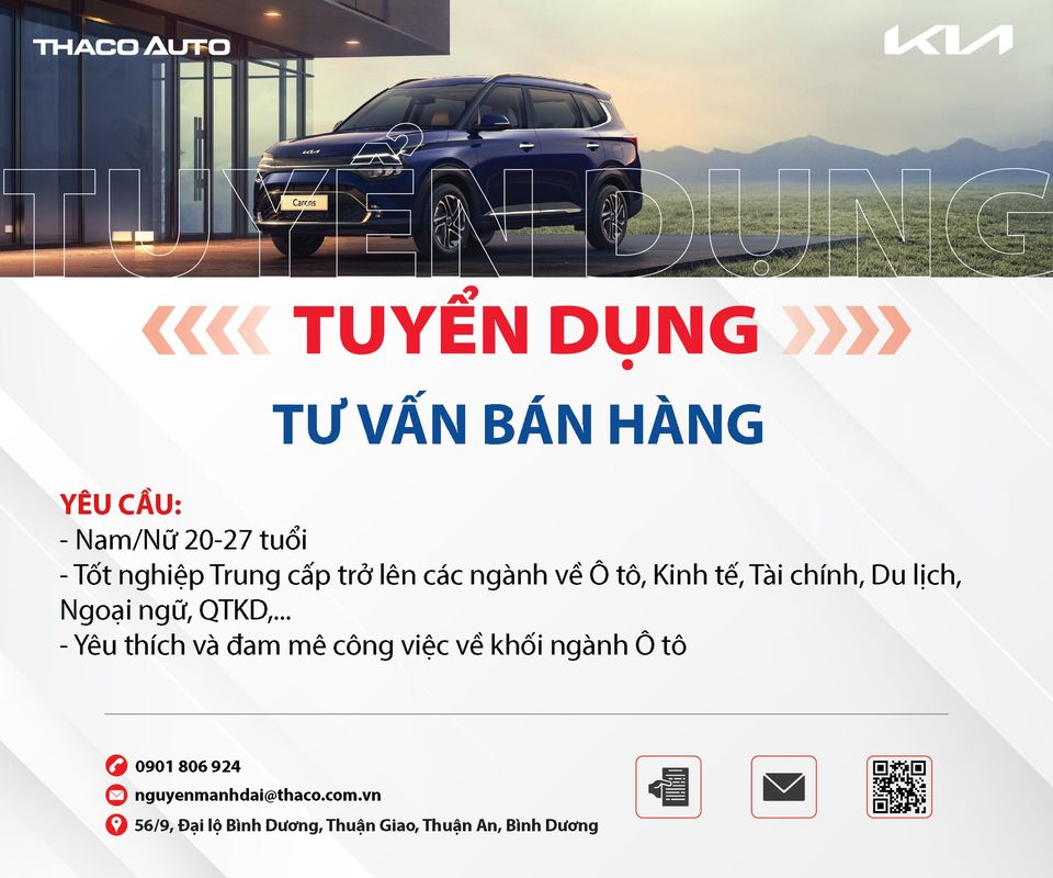 KIA BÌNH DƯƠNG TUYỂN DỤNG CHUYÊN VIÊN TƯ VẤN BÁN HÀNG